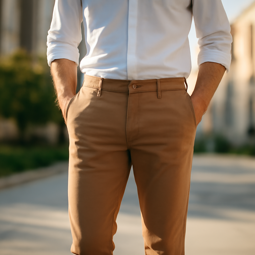 Guide d'achat pantalon chino homme : styles et tendances – Utilisation au jardin (IA)